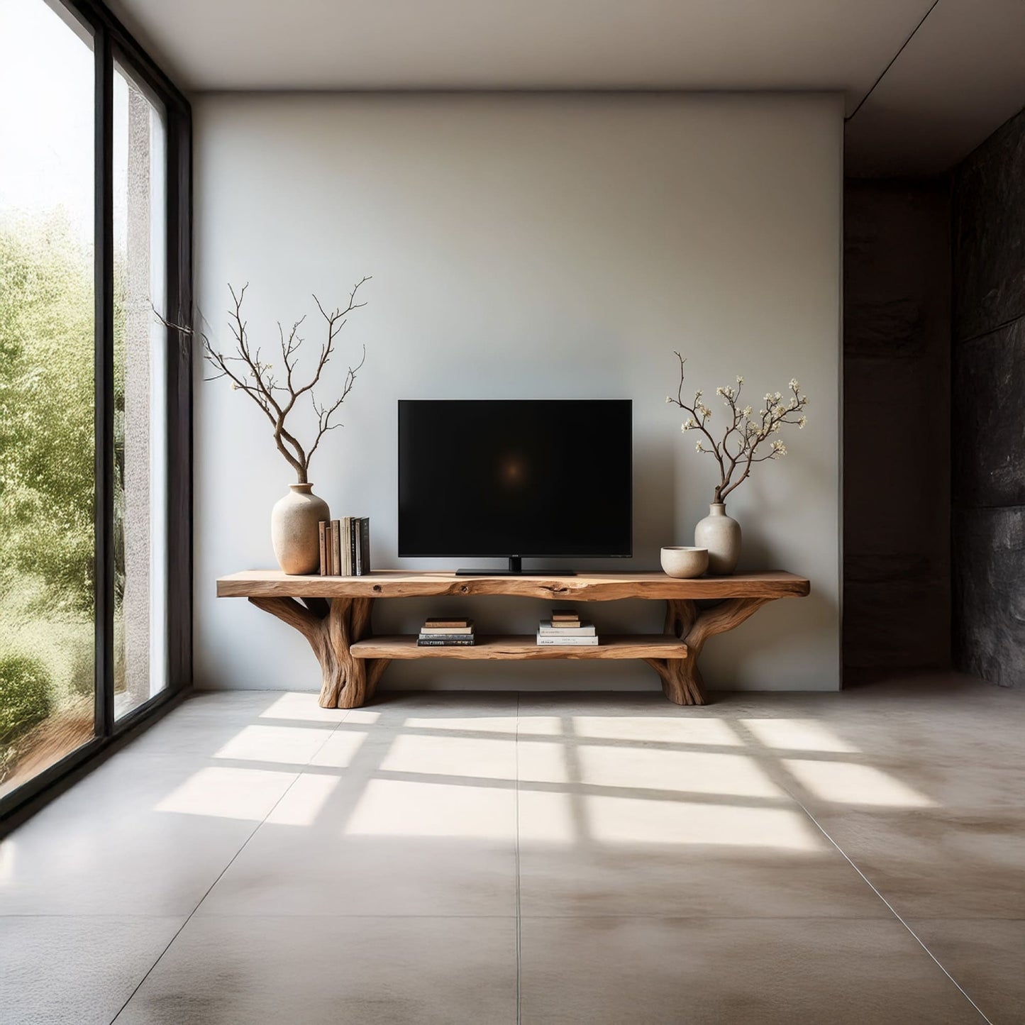 Natural driftwood tv stand live edge monitor shelving wall mount monitor stand solid tree branch console table wood storage bench