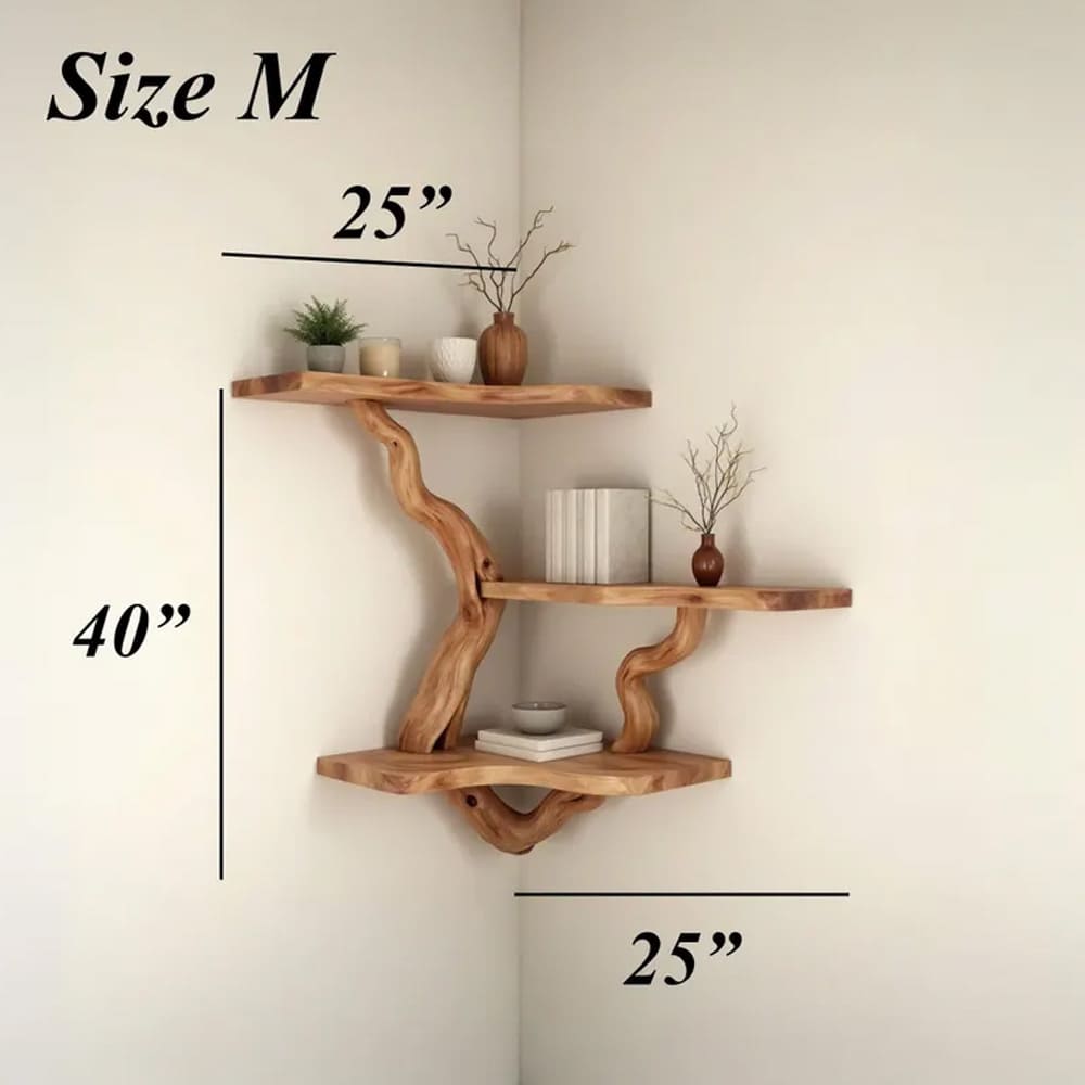 Driftwood corner shelf tree branch bookshelf wall mounted bookcase rustic furniture decor home art