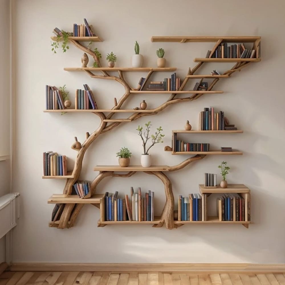 Tree bookshelf solid wood shelf driftwood branch wall mount handmade furniture decor for home