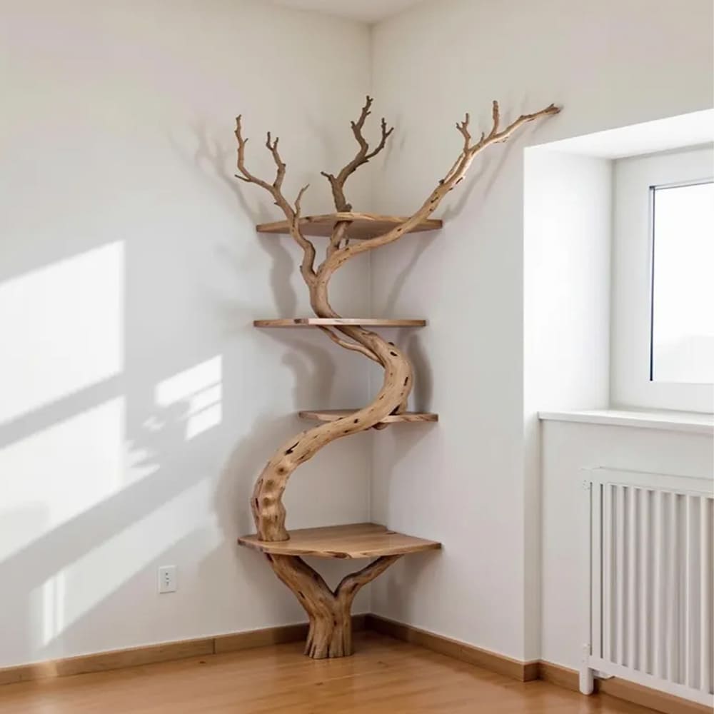 Floating corner shelf solid wood bookshelf driftwood branch shelves on wall housewarming gift for him