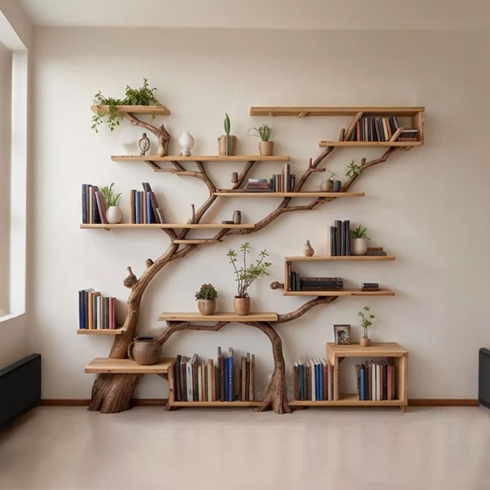 Tree bookshelf solid wood shelf driftwood branch wall mount handmade furniture decor for home
