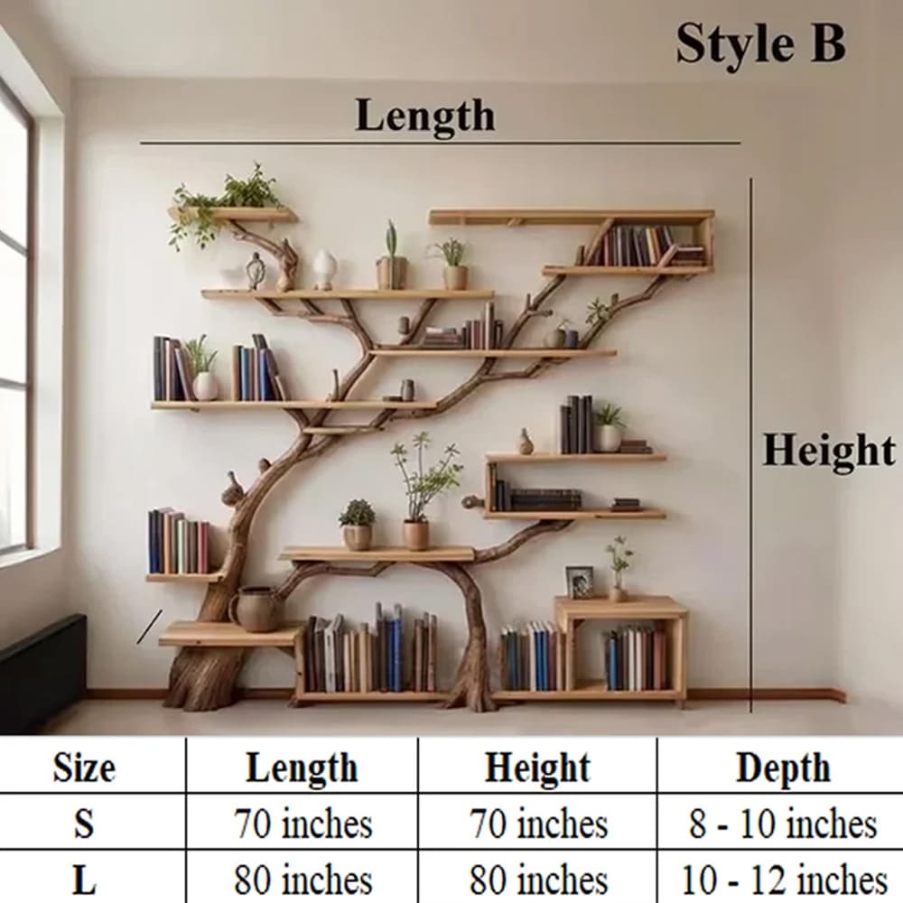 Tree bookshelf solid wood shelf driftwood branch wall mount handmade furniture decor for home