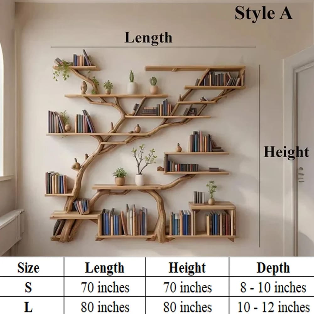 Tree bookshelf solid wood shelf driftwood branch wall mount handmade furniture decor for home