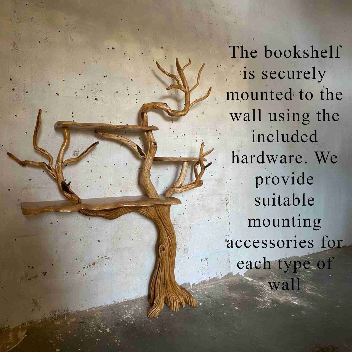 Tree branch book shelves wall mount art solid wood floor bookcase decor