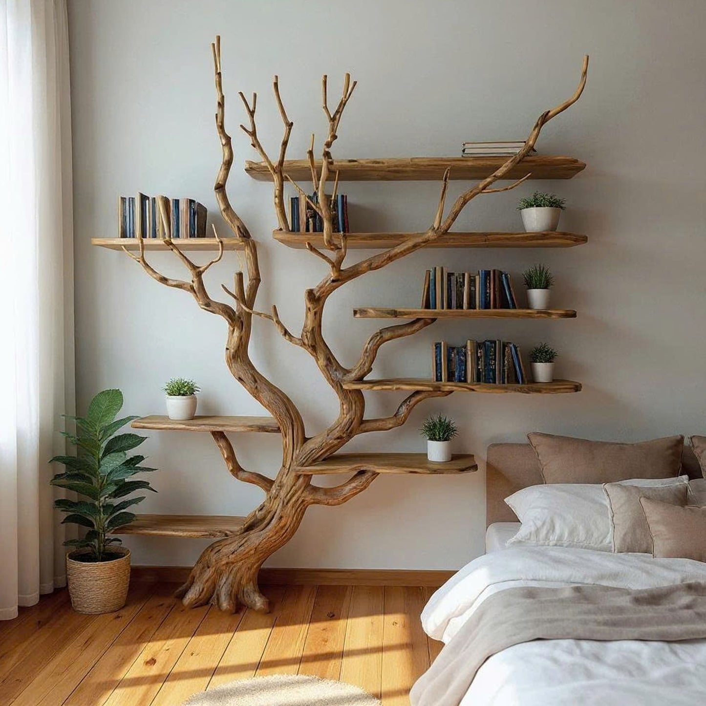 Driftwood Tree Bookshelf Natural Wood Wall-Mounted Bookcase