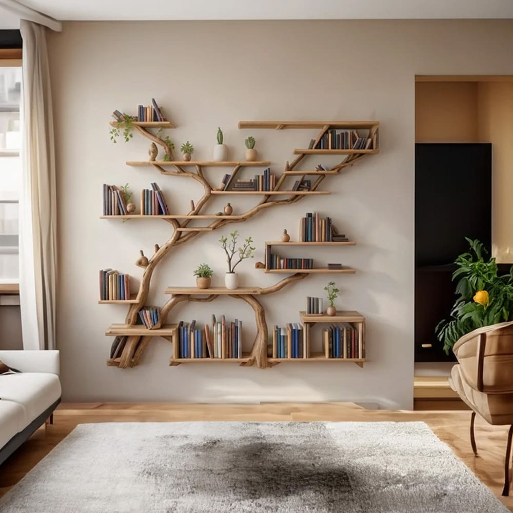 Tree bookshelf solid wood shelf driftwood branch wall mount handmade furniture decor for home