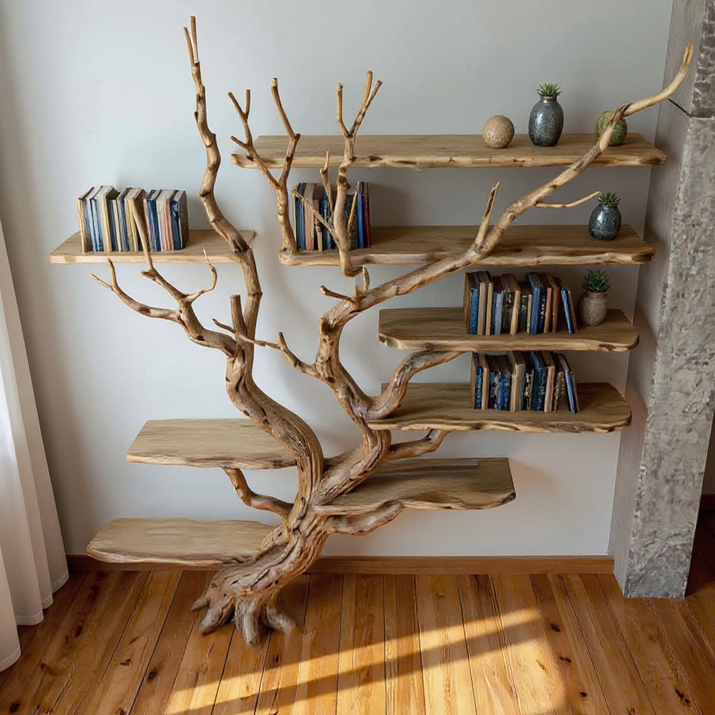 Driftwood Tree Bookshelf Natural Wood Wall-Mounted Bookcase