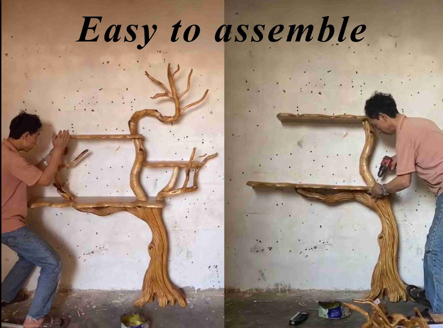 Tree branch book shelves wall mount art solid wood floor bookcase decor