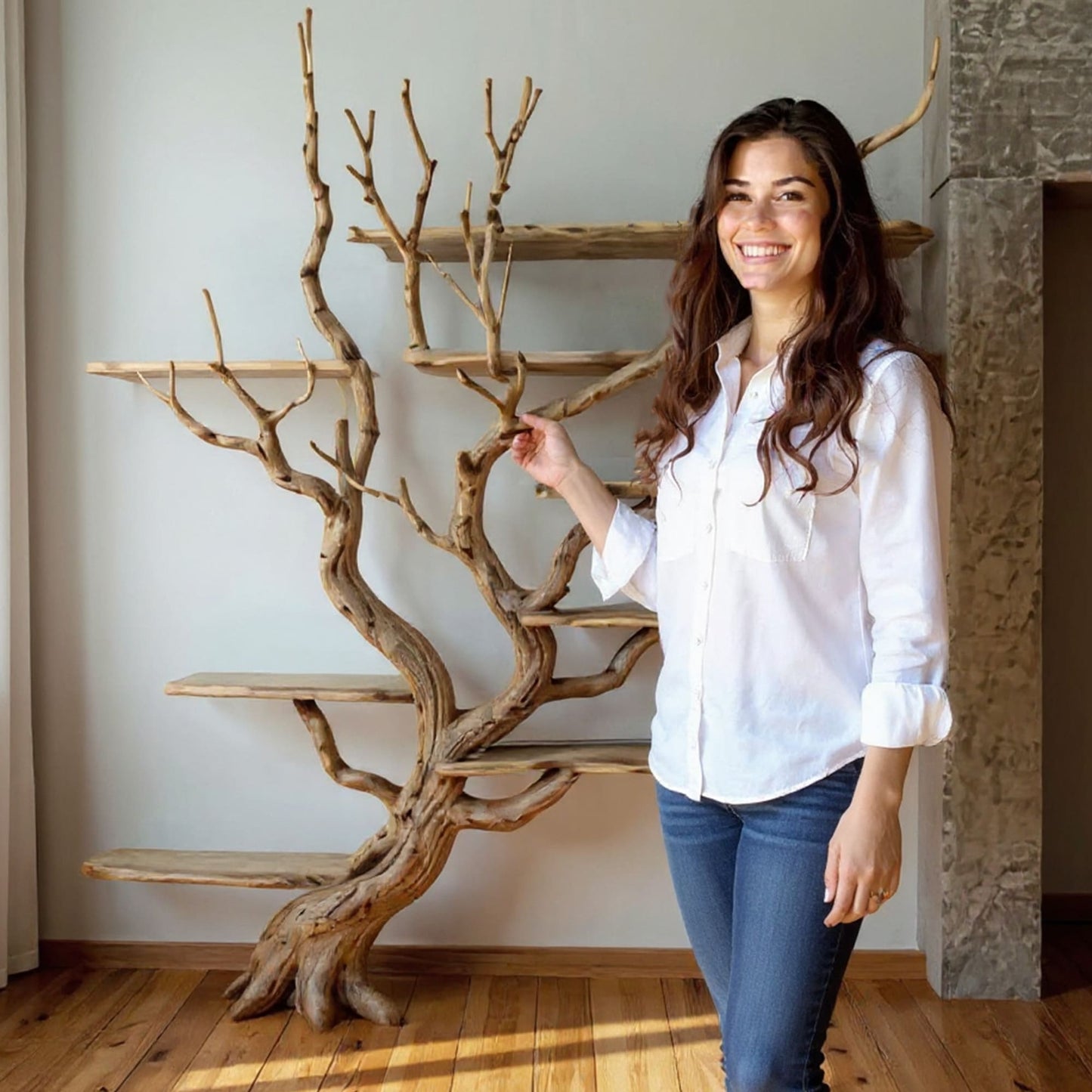 Driftwood Tree Bookshelf Natural Wood Wall-Mounted Bookcase