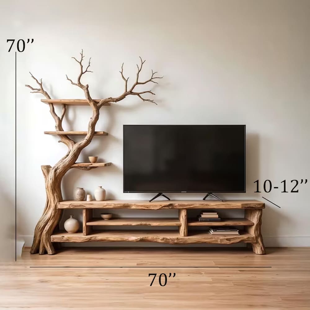 Wall mount tv stand bookcase solid wood media console tree branch storage cabinet tree bookshelf driftwood monitor player stand