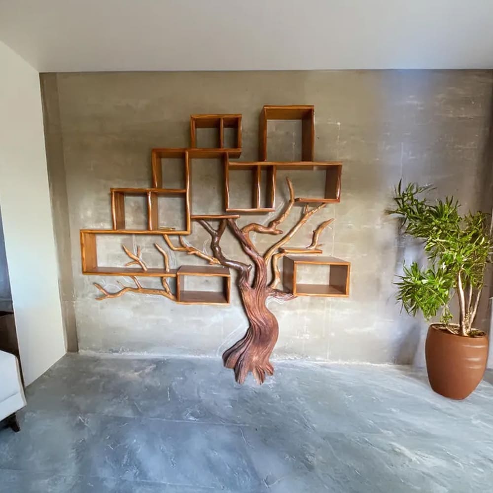 Tree branch bookshelf solid wood bookcase driftwood sculpture art black shelves on wall decor for living room