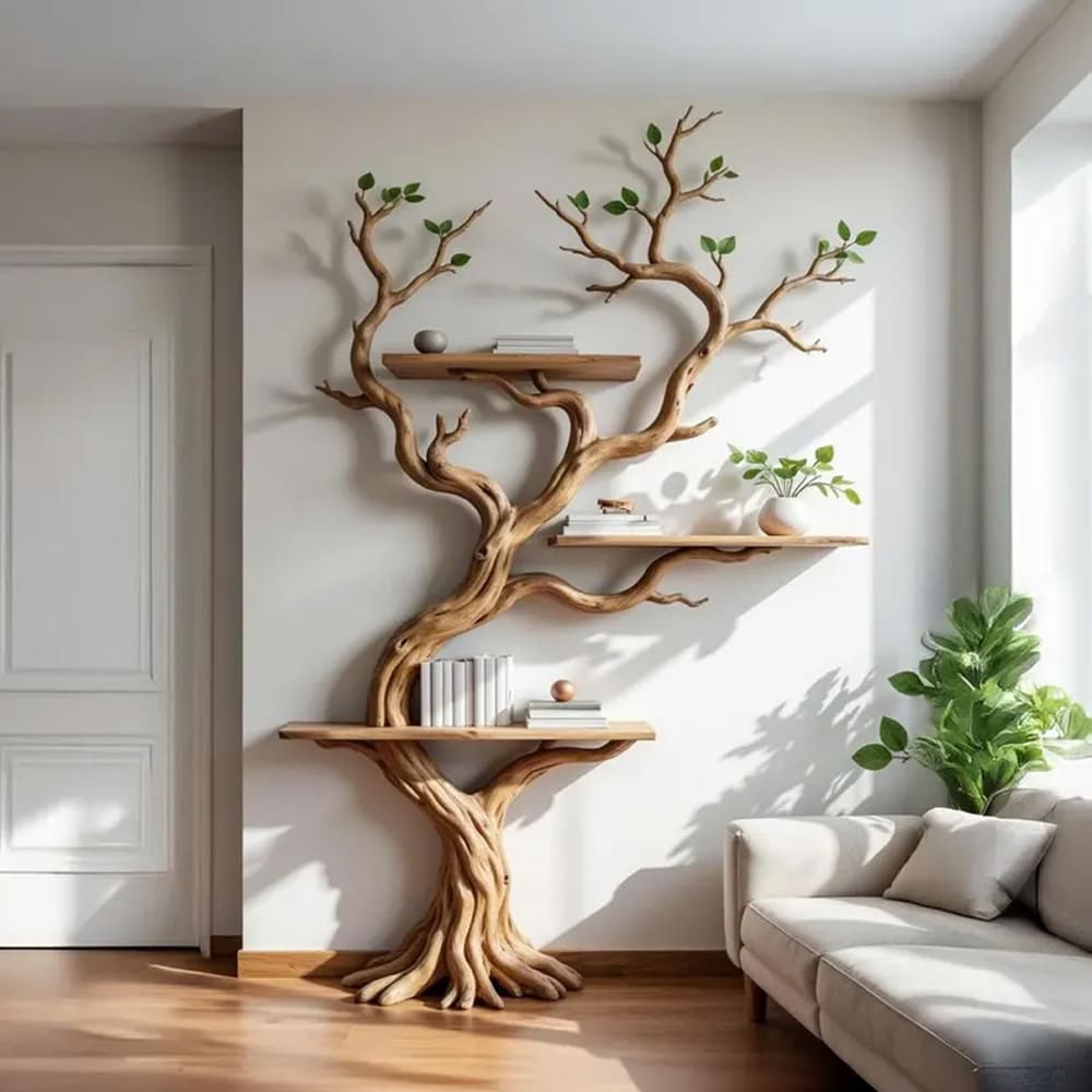 Driftwood tree bookshelf floating book tree shelf solid wood bookcase wall mount shelving on wall living room furniture