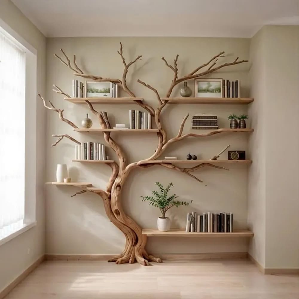 Floating bookshelf driftwood sculpture bookcase solid wood shelves on wall art deco