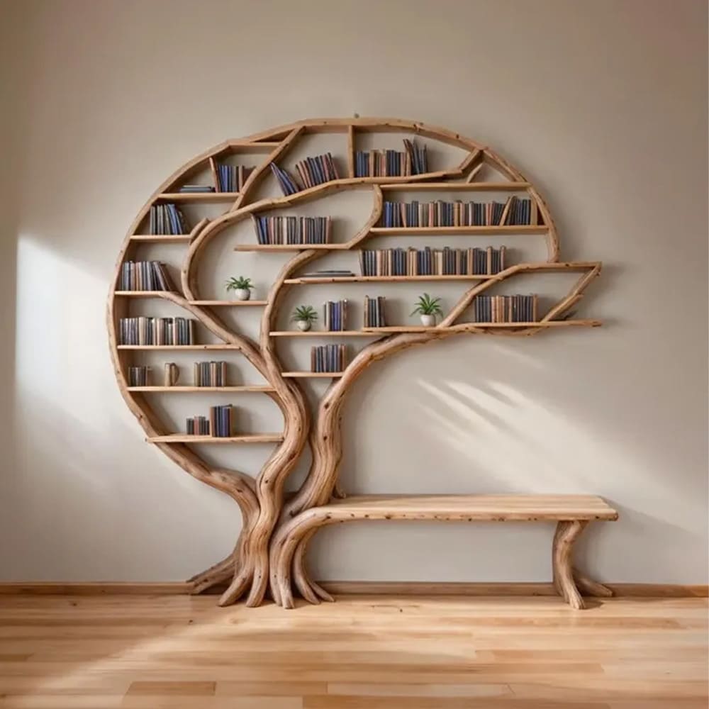 Floating bookshelf solid wood tree branch shelf unique natural wood bookcase wall mount decor home art