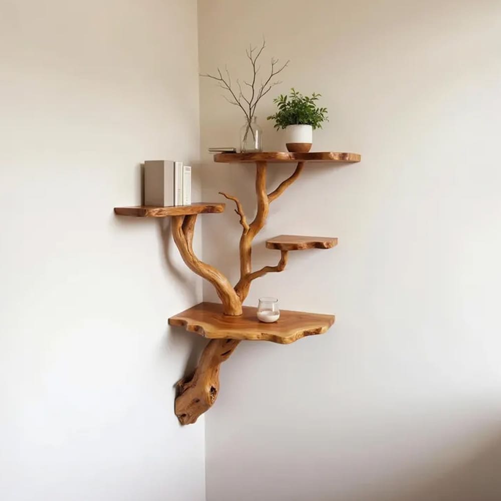 Floating corner shelf tree driftwood branch bookshelf wall mount solid wood bookcase handcrafted rustic furntiure