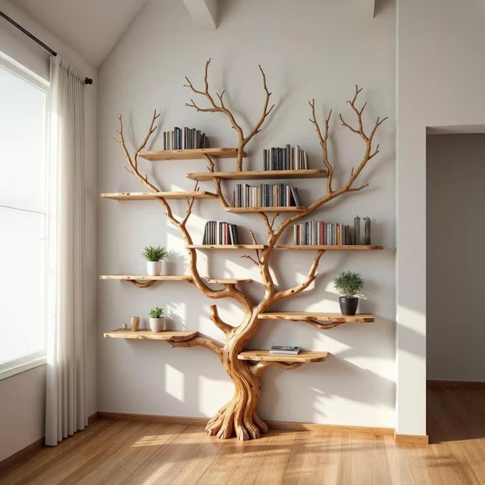 Tree branch book shelf floating shelves wall mounted reclaimed solid wood bookcase driftwood sculpture art furniture