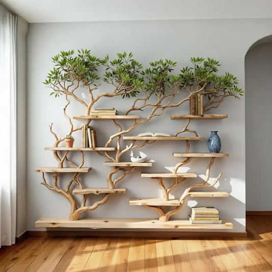 Floating bookshelf tree branch wall mounted book shelf handcrafted carving sculpture reclaimed solid wood bookcase