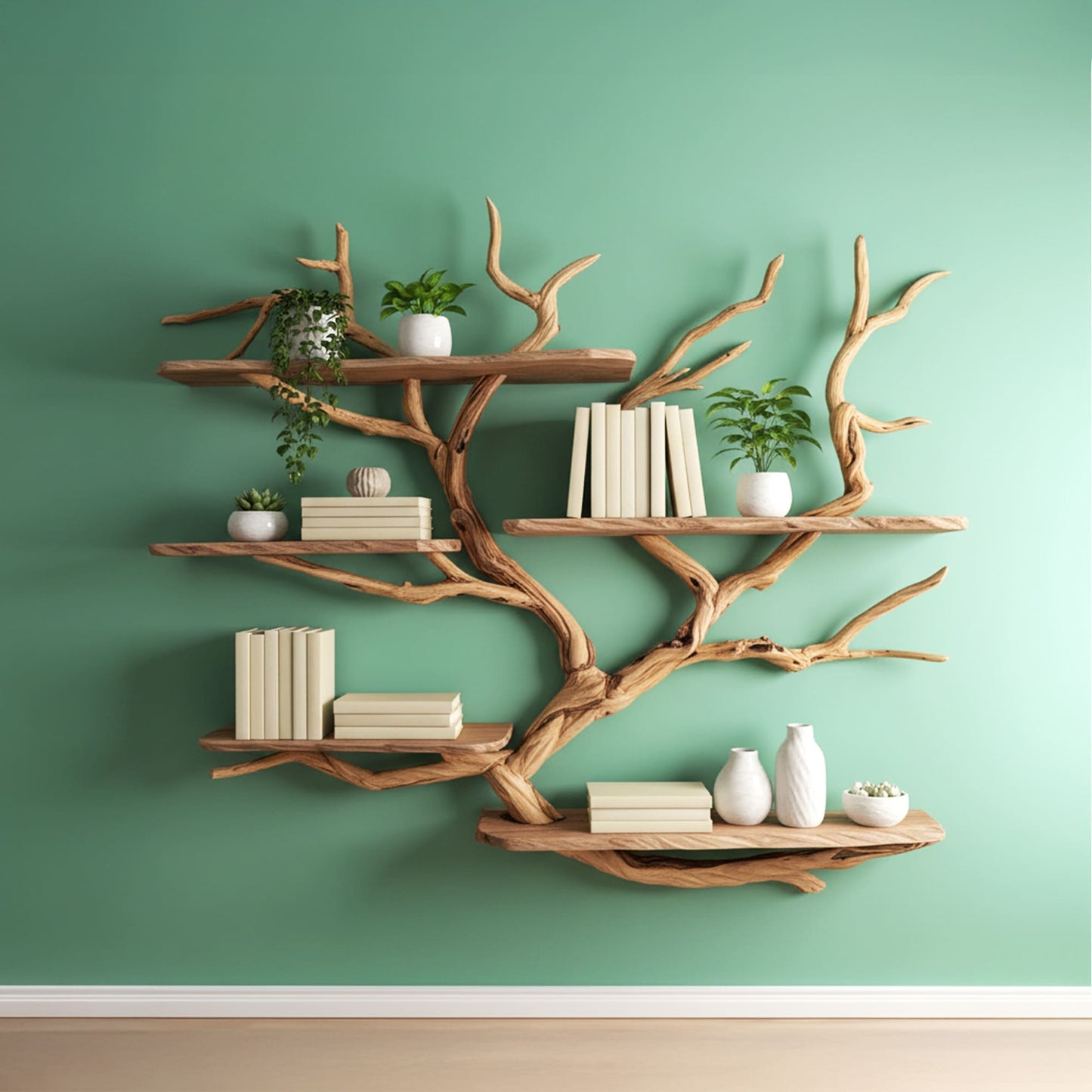 Floating bookshelf driftwood branch art solid wood bookcase wall mounted shelves
