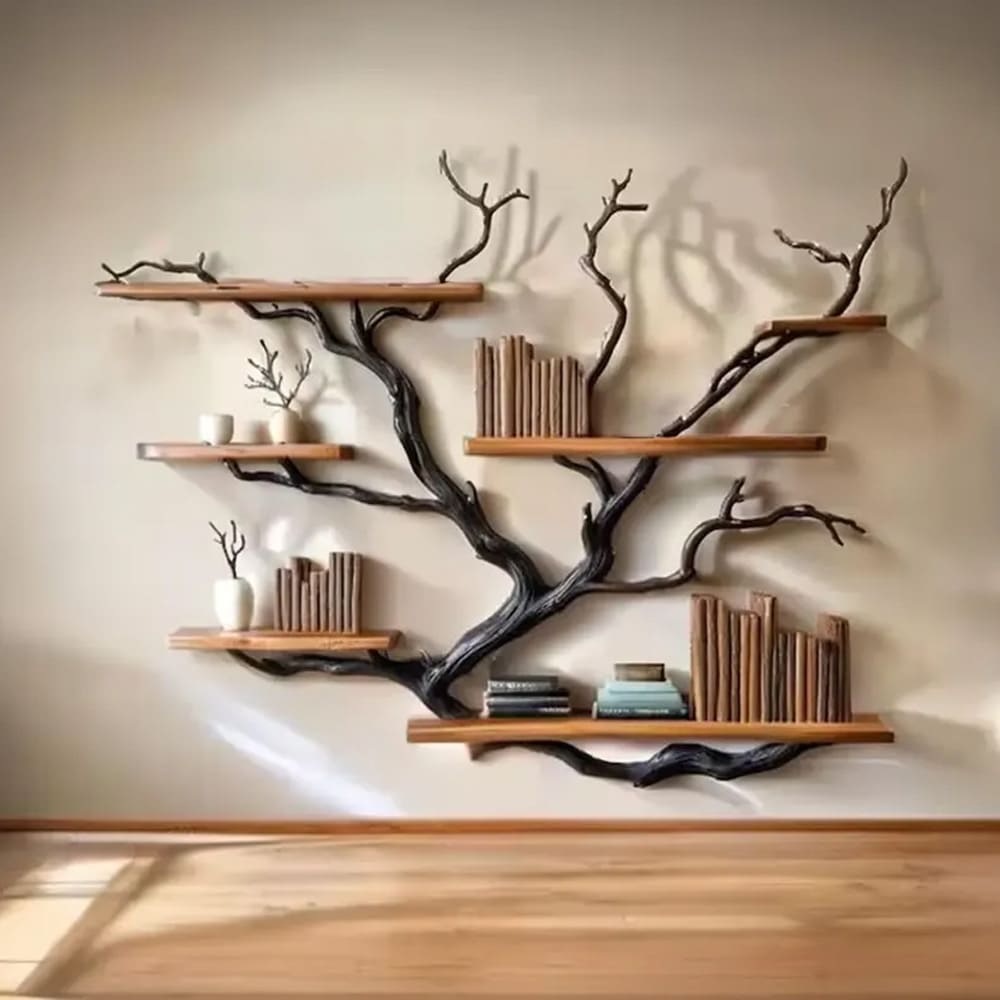 Driftwood branch tree bookshelf solid wood branch wall mount handmade furniture decor for home