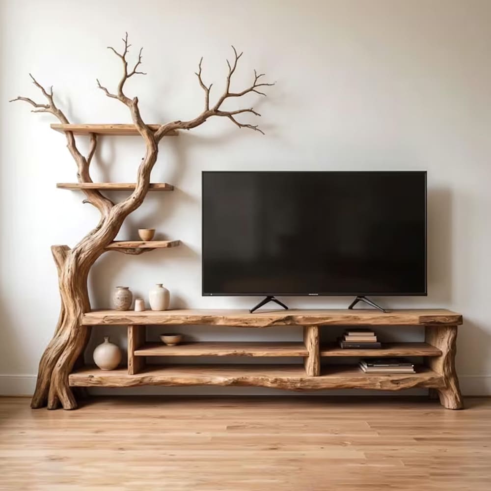 Wall mount tv stand bookcase solid wood media console tree branch storage cabinet tree bookshelf driftwood monitor player stand