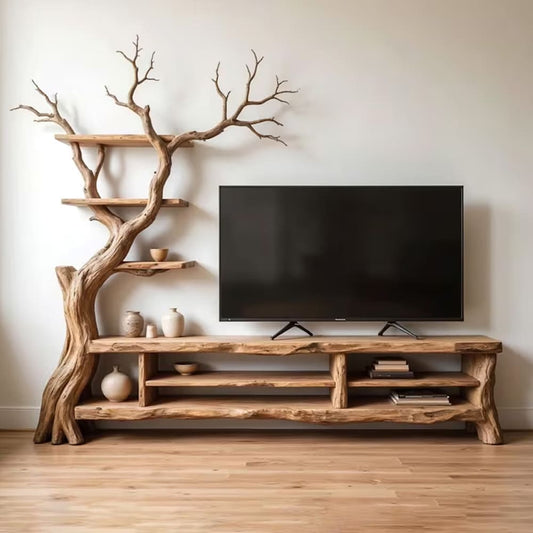 Wall mount tv stand bookcase solid wood media console tree branch storage cabinet tree bookshelf driftwood monitor player stand