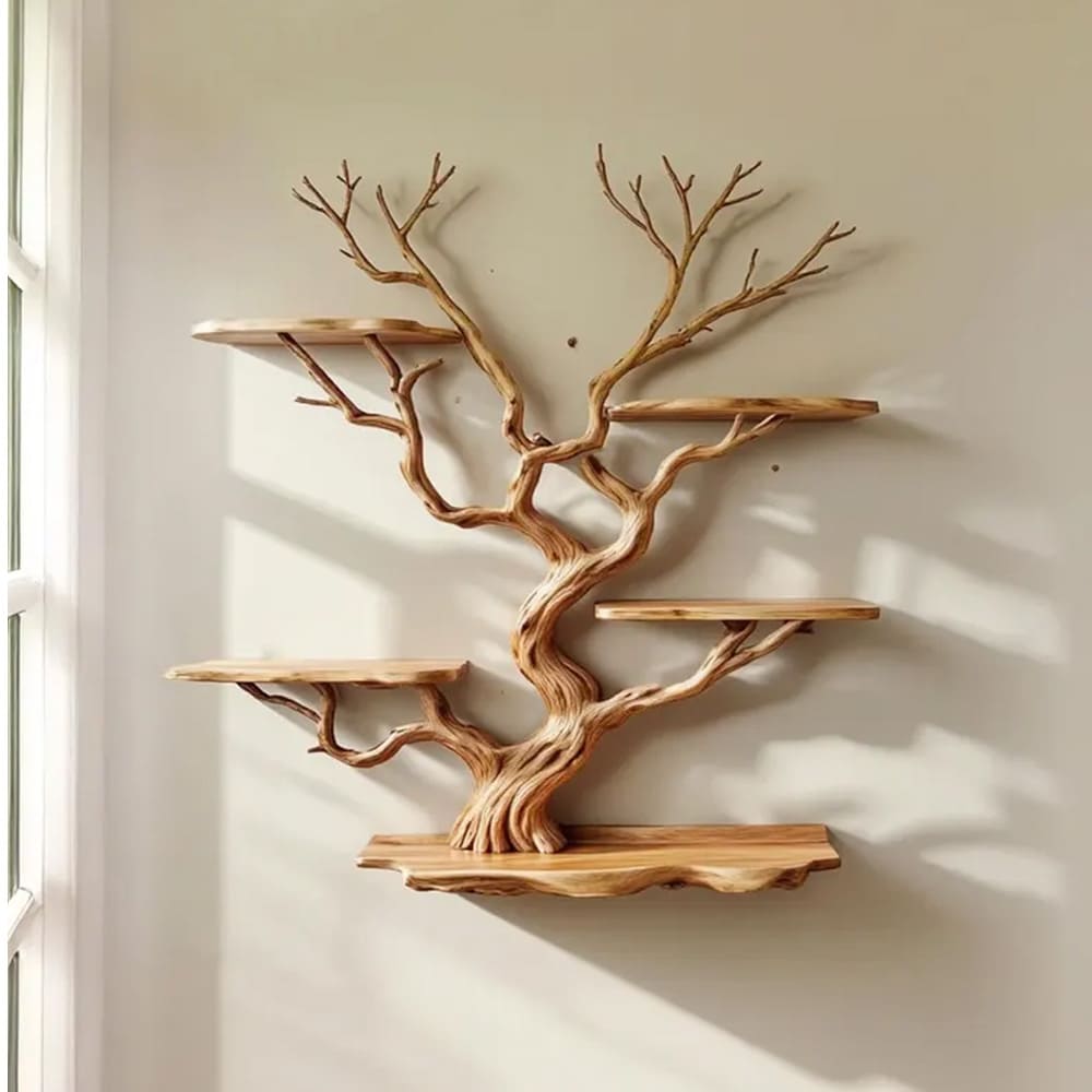 Solid wall mount floating tree branch bookshelf live edge tree shelving natural driftwood branch living room decoration
