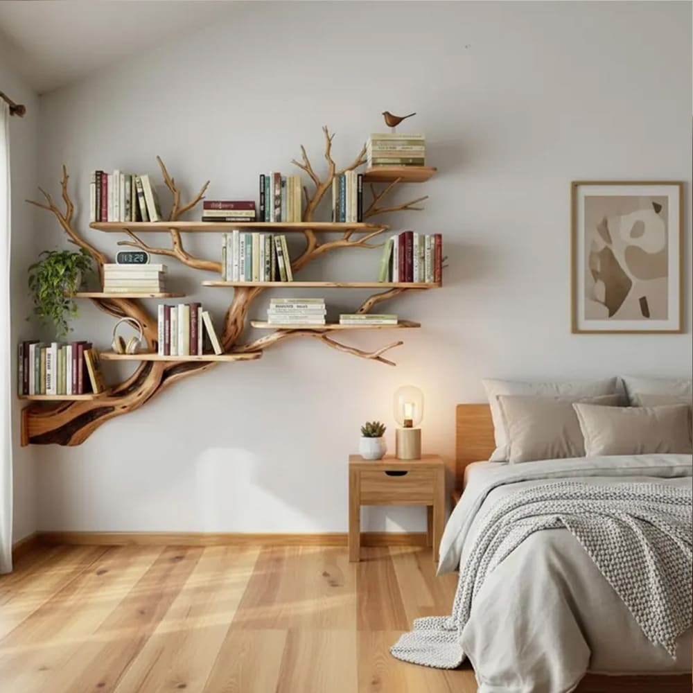 Tree branch corner floating book shelf decor wall mount live edge wood bookshelves driftwood wall art