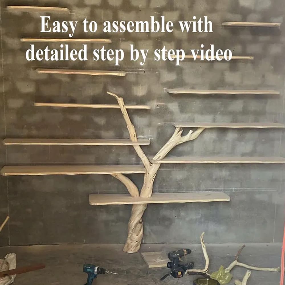 Tree branch shelf wall mount assembly natural wood foor bookcase art custom for home decor