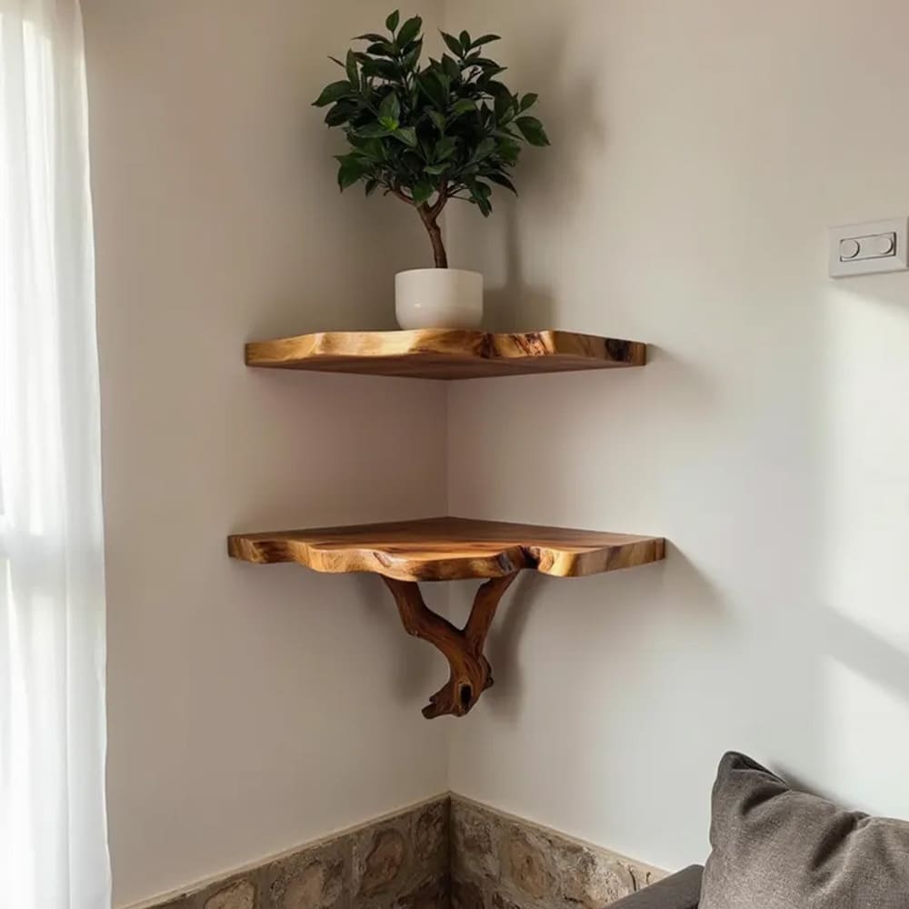 Corner floating tree branch bookshelf wall mount solid wood shelf custom floating shelves art unique furniture