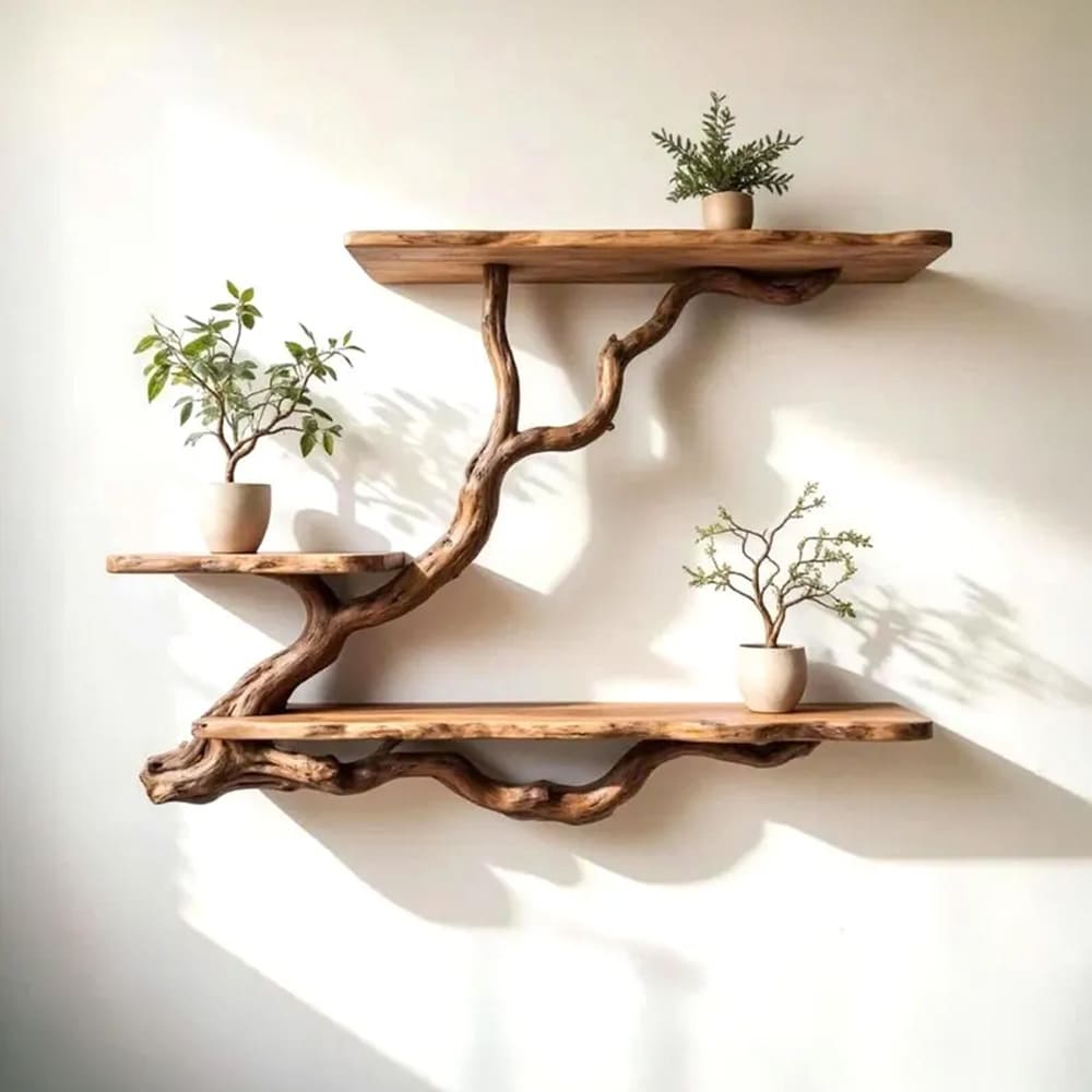 Natural driftwood branch floating bookshelf wall mounted tree shelf solid wood bookshelves decor handmade furniture