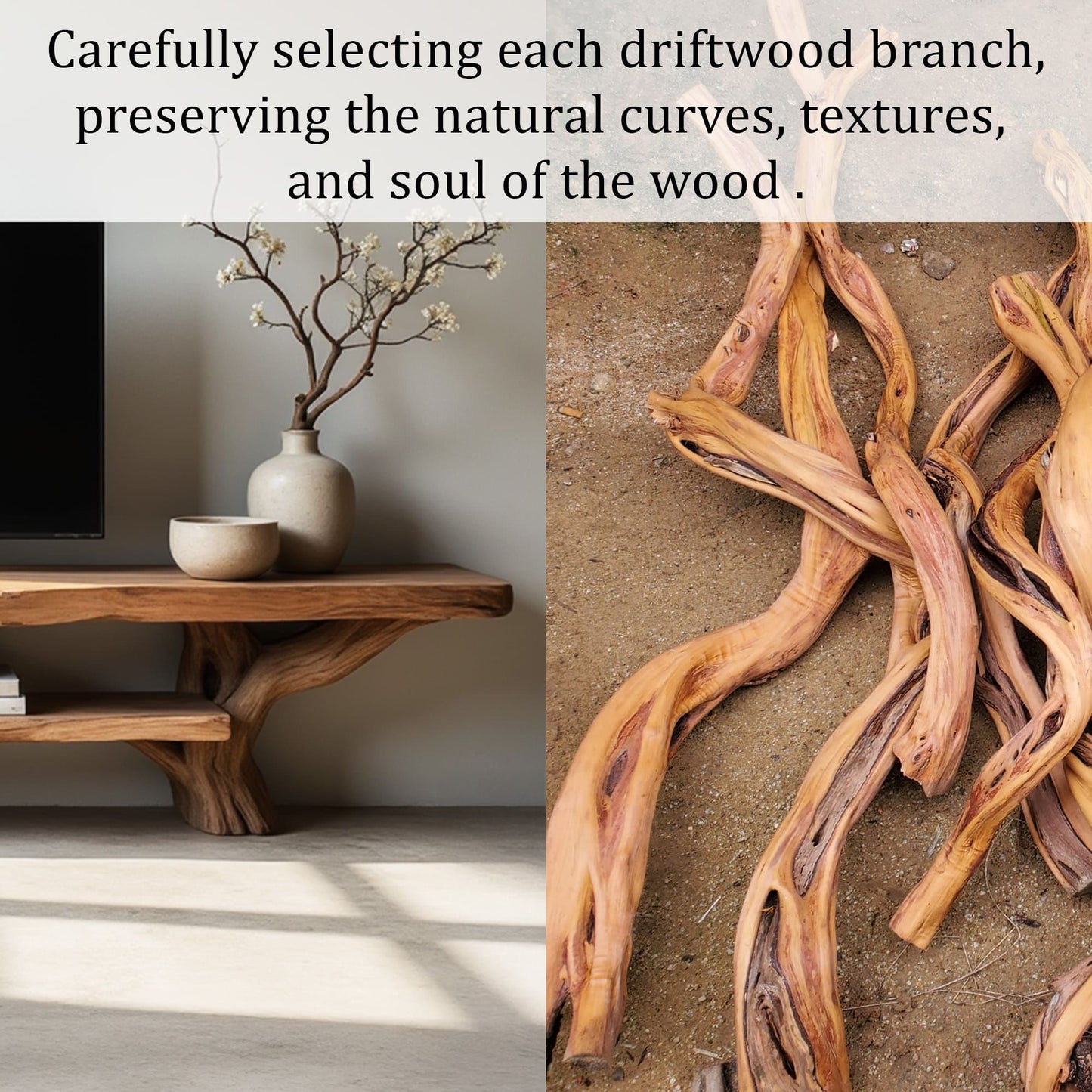 Natural driftwood tv stand live edge monitor shelving wall mount monitor stand solid tree branch console table wood storage bench