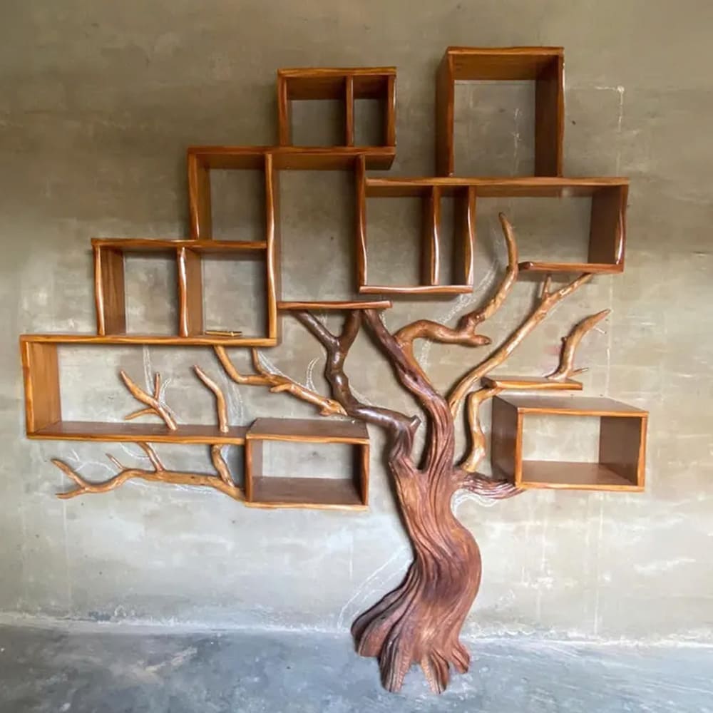 Tree branch bookshelf solid wood bookcase driftwood sculpture art black shelves on wall decor for living room