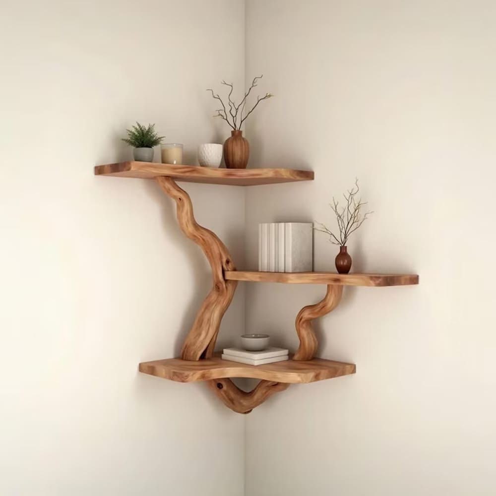 Driftwood corner shelf tree branch bookshelf wall mounted bookcase rustic furniture decor home art