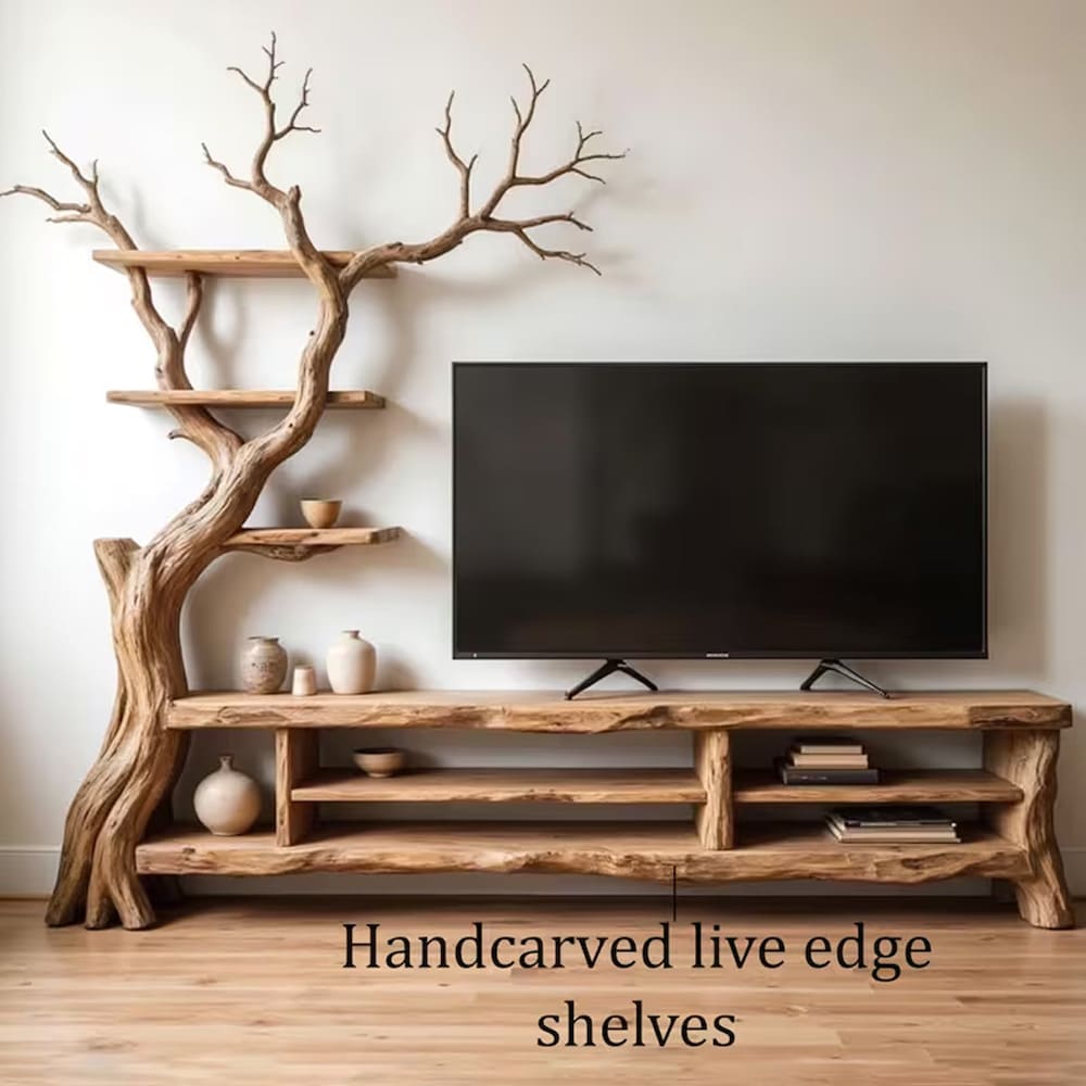 Wall mount tv stand bookcase solid wood media console tree branch storage cabinet tree bookshelf driftwood monitor player stand