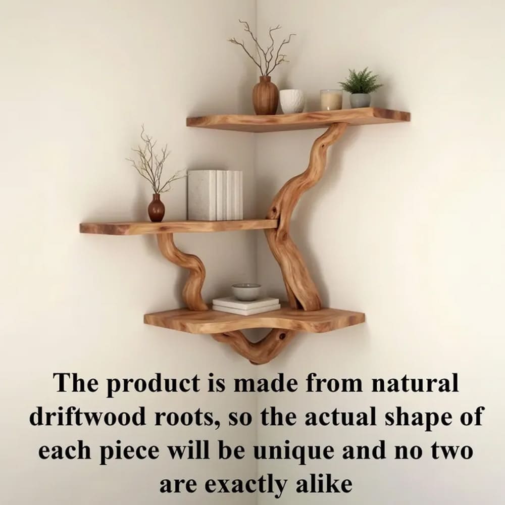 Driftwood corner shelf tree branch bookshelf wall mounted bookcase rustic furniture decor home art