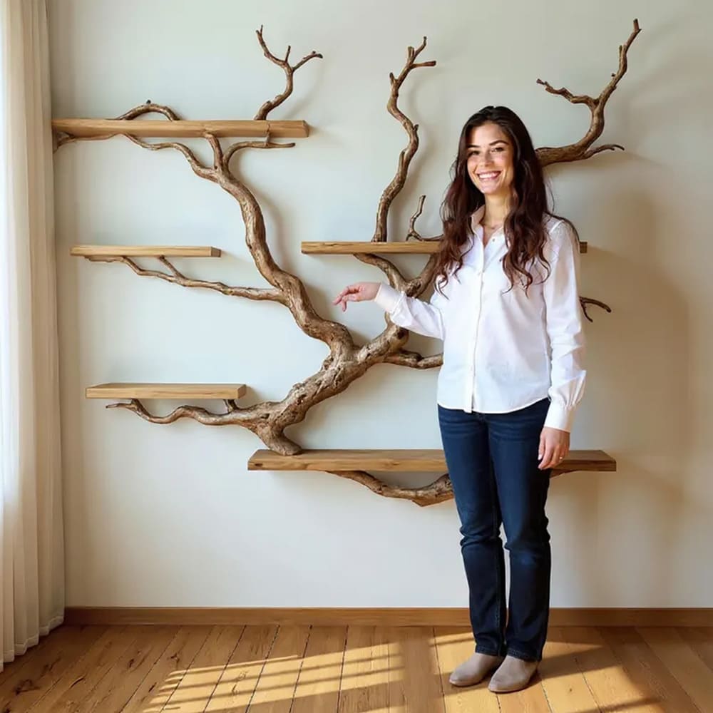 Tree branch book shelf floating shelves on wall solid wood bookshelf driftwood wall art decor for living room