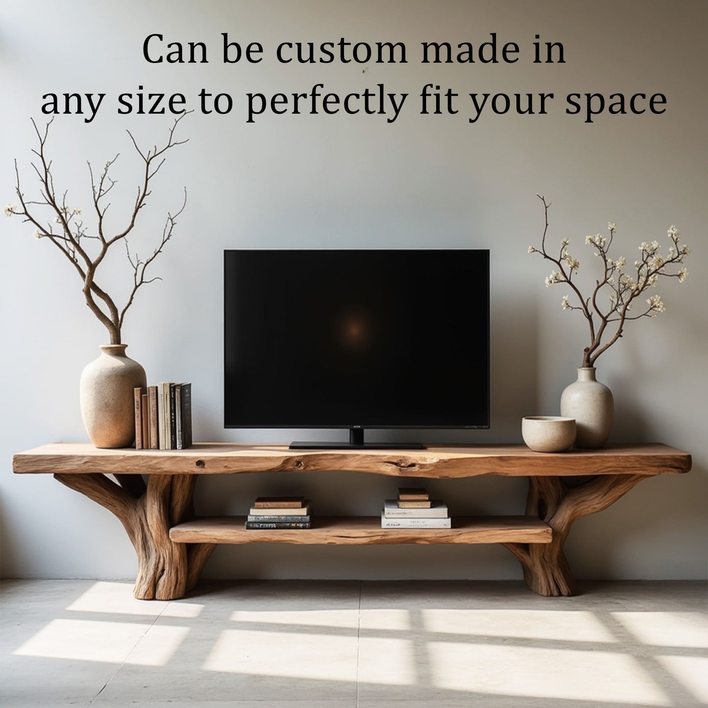 Natural driftwood tv stand live edge monitor shelving wall mount monitor stand solid tree branch console table wood storage bench