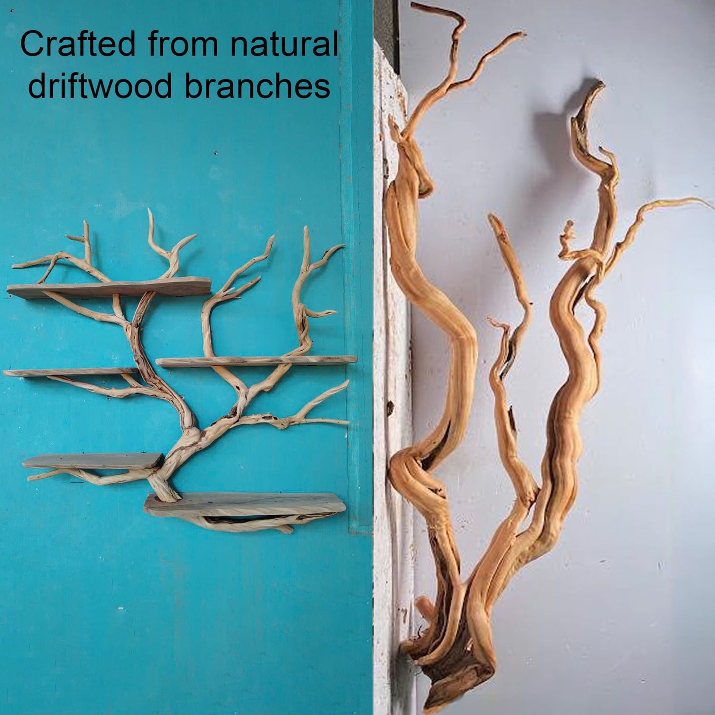 Floating bookshelf driftwood branch art solid wood bookcase wall mounted shelves