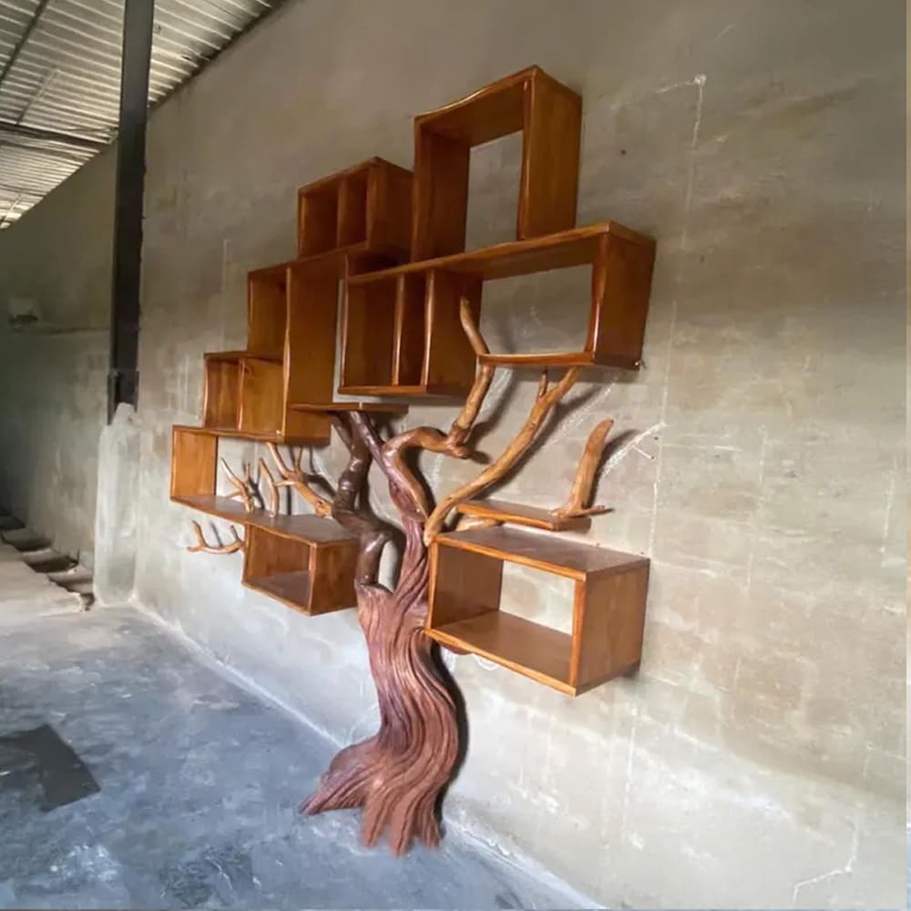 Tree branch bookshelf solid wood bookcase driftwood sculpture art black shelves on wall decor for living room