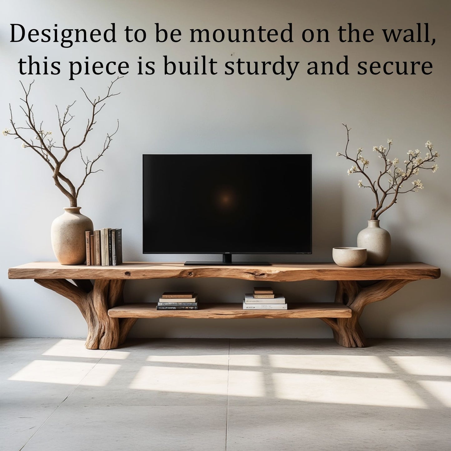 Natural driftwood tv stand live edge monitor shelving wall mount monitor stand solid tree branch console table wood storage bench