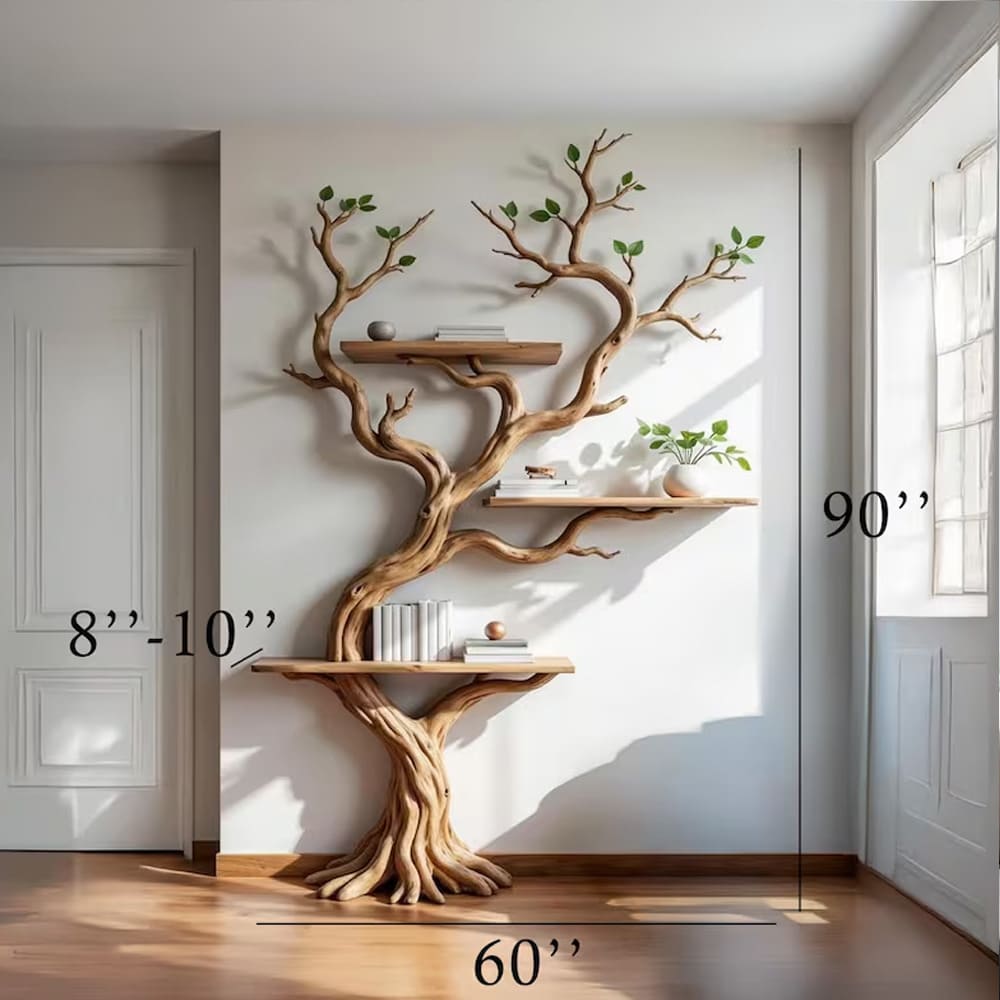 Driftwood tree bookshelf floating book tree shelf solid wood bookcase wall mount shelving on wall living room furniture