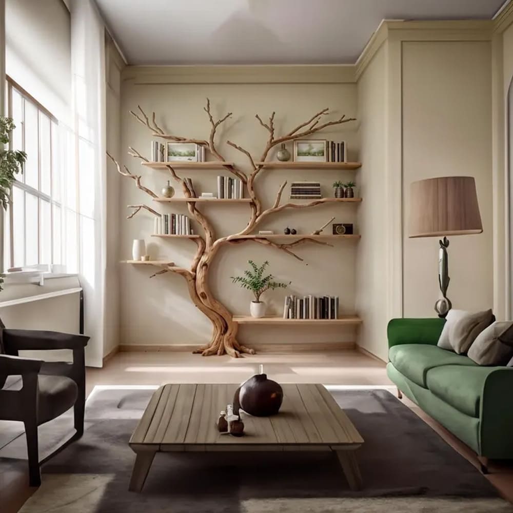 Floating bookshelf driftwood sculpture bookcase solid wood shelves on wall art deco