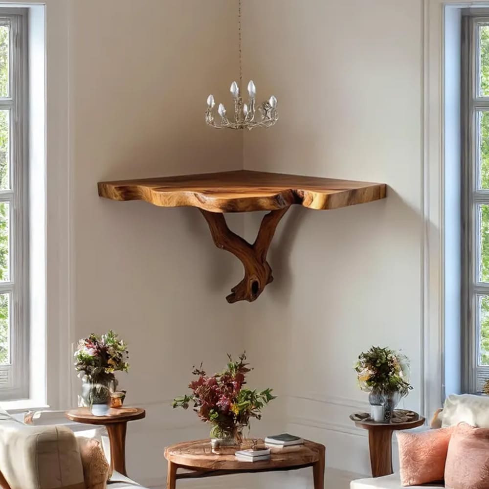 Corner floating tree branch bookshelf wall mount solid wood shelf custom floating shelves art unique furniture