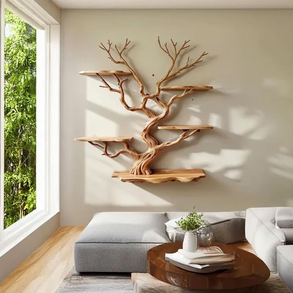 Solid wall mount floating tree branch bookshelf live edge tree shelving natural driftwood branch living room decoration