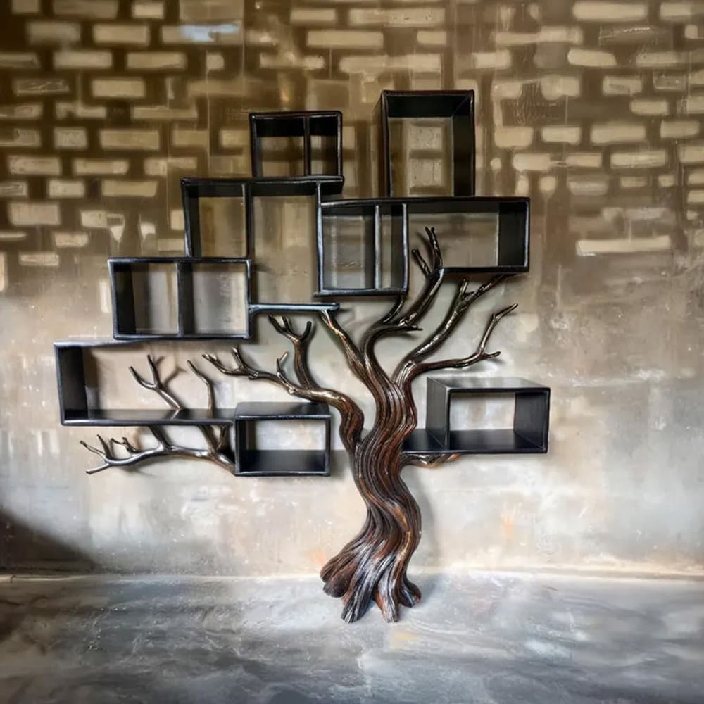 Tree branch bookshelf solid wood bookcase driftwood sculpture art black shelves on wall decor for living room