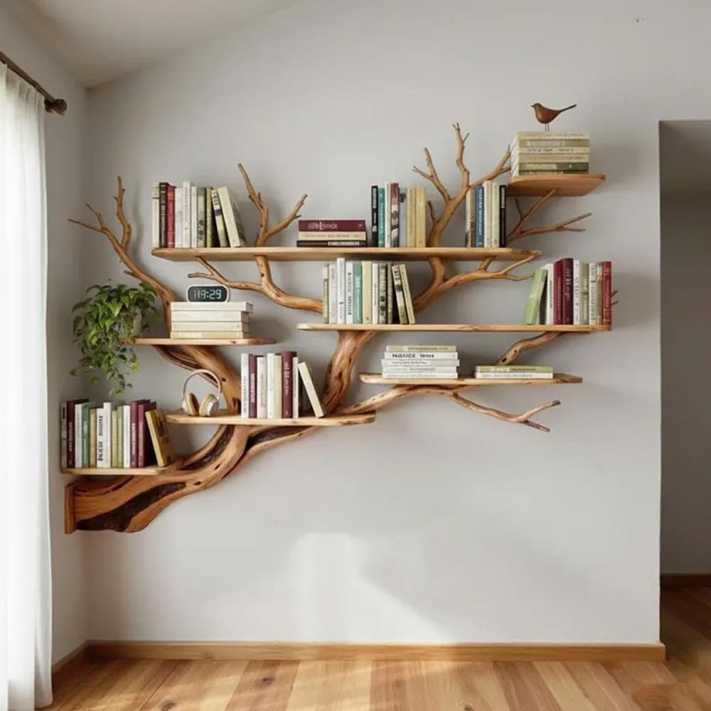 Tree branch corner floating book shelf decor wall mount live edge wood bookshelves driftwood wall art