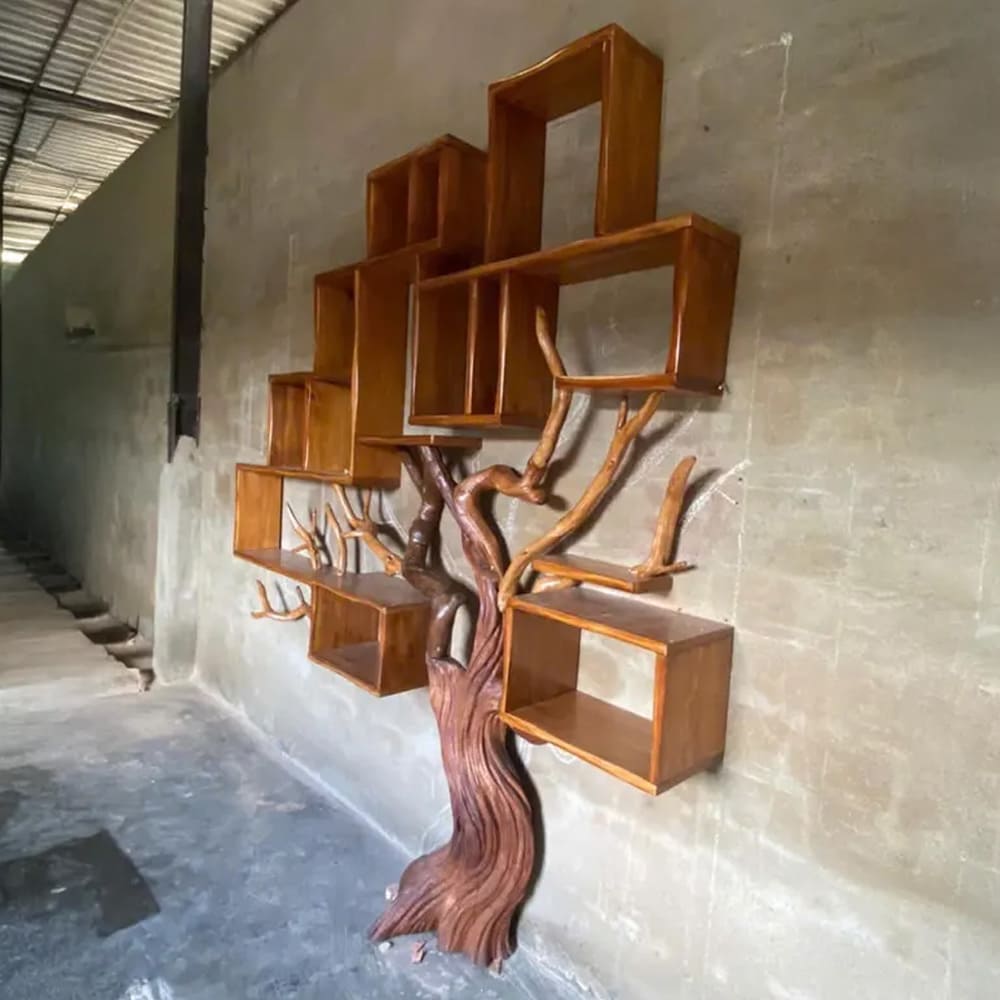 Tree branch bookshelf solid wood bookcase driftwood sculpture art black shelves on wall decor for living room