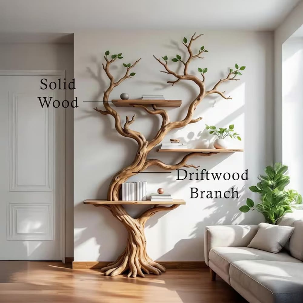 Driftwood tree bookshelf floating book tree shelf solid wood bookcase wall mount shelving on wall living room furniture