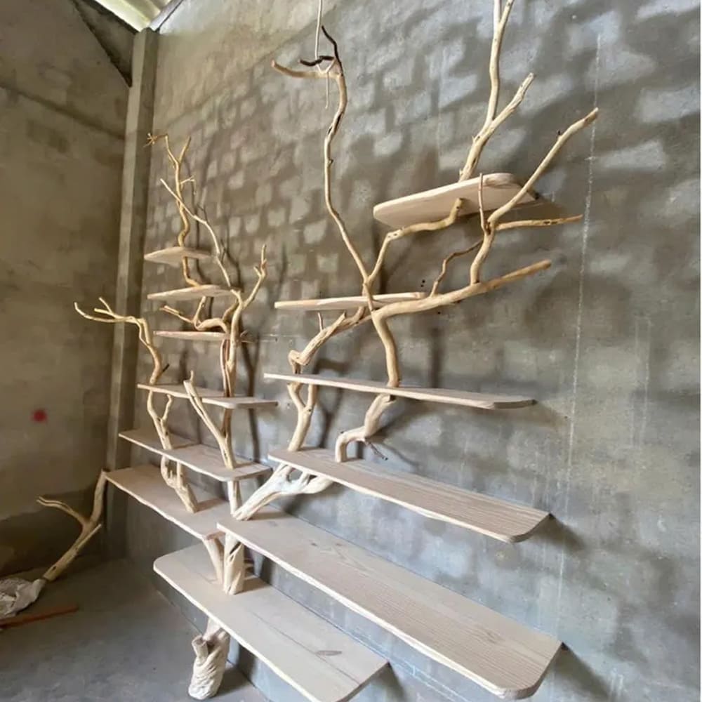 Tree branch shelf wall mount assembly natural wood foor bookcase art custom for home decor
