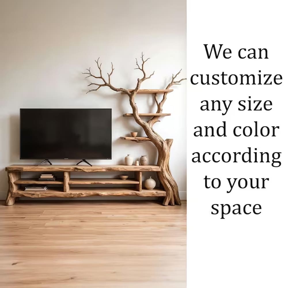 Wall mount tv stand bookcase solid wood media console tree branch storage cabinet tree bookshelf driftwood monitor player stand